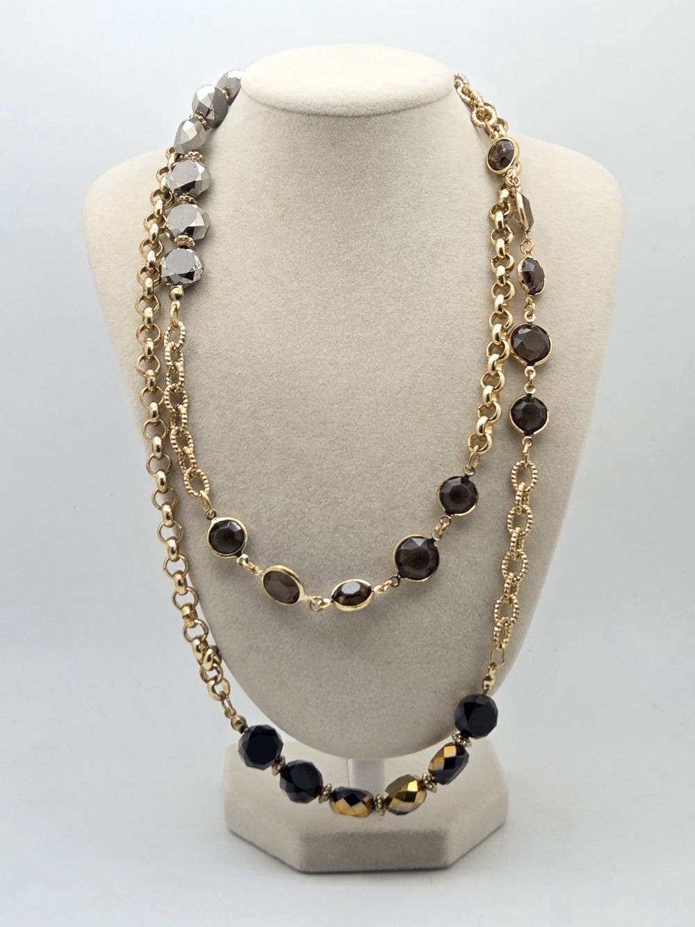 Long Gold Tone Layering Station Necklace Mixed Beaded 38 Inch